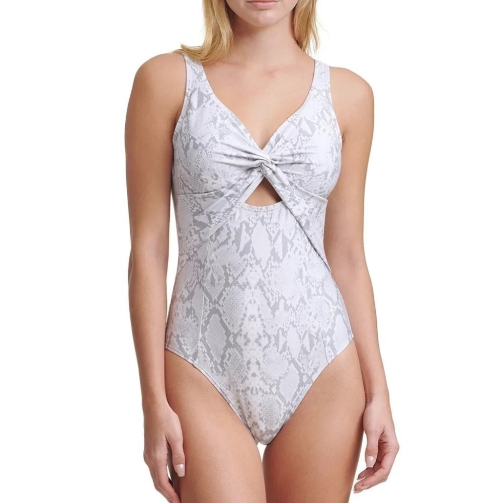 DKNY PEARL GREY Printed Peek-a-Boo Twist One Piece Swimsuit